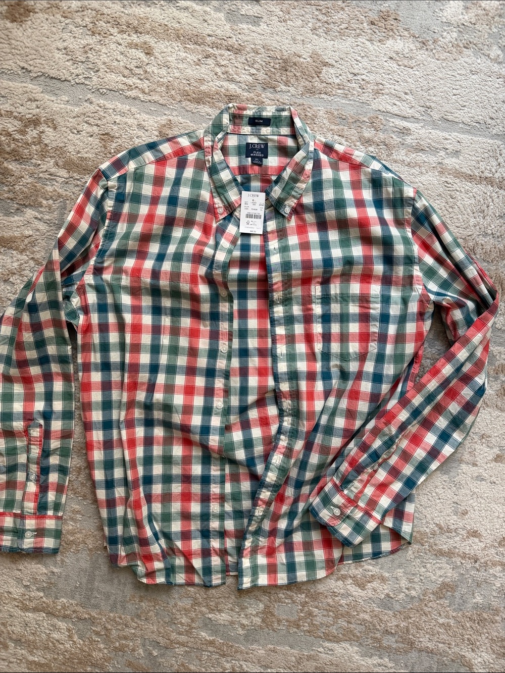 J. Crew Men’s Red, Green & Cream Plaid Button-Down Slim Fit Shirt - Size XL
